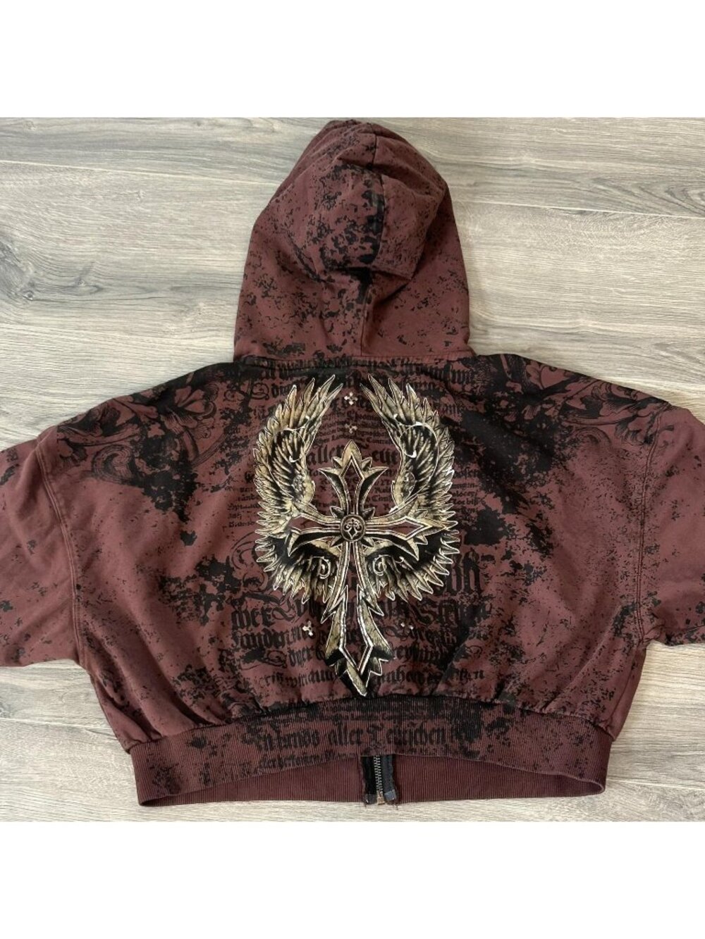 Affliction Hoodie Womens XL Y2K Gothic Winged Cross Graphic Full Zip Cropped